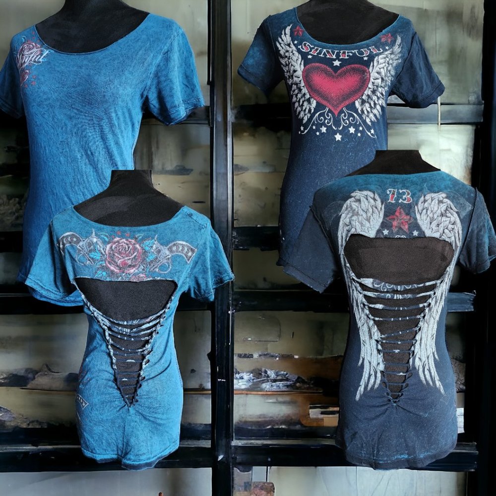 EUC AFFLICTION (SM) Sinful Reversible Short Sleeve Tops. Bundle Of 2